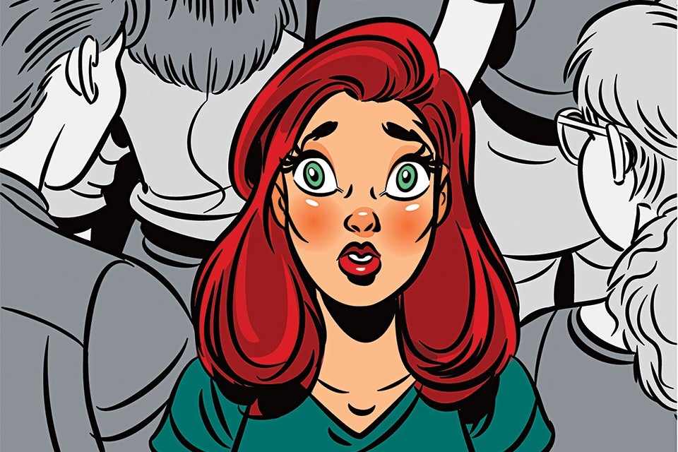 A cartoon-style illustration of a woman with bright red hair and green eyes, looking surprised or shocked. She has rosy cheeks and red lips, and is wearing a green top. Surrounding her are grayscale figures of people, emphasizing her colorful and expressive appearance.