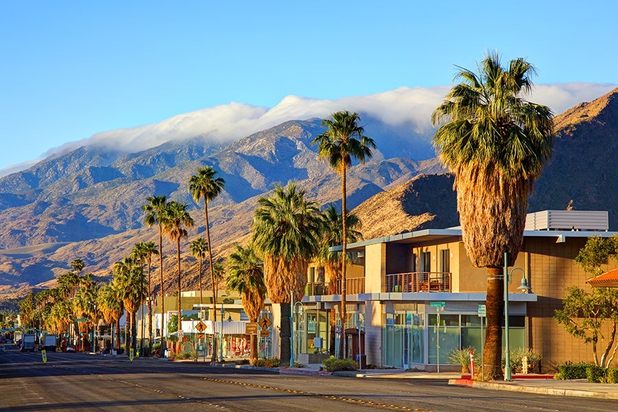 A sunny street lined with tall palm trees and modern buildings, set against a backdrop of rugged mountains partially covered by clouds under a clear blue sky.