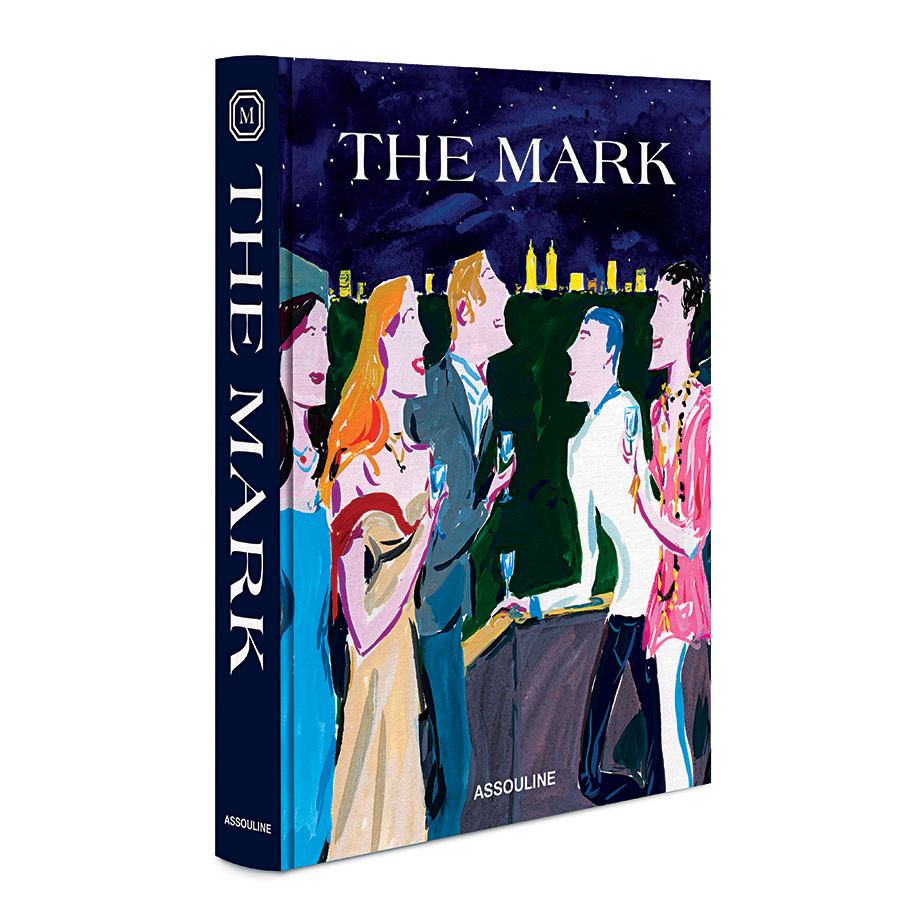 A hardcover book titled "THE MARK" with a colorful illustrated cover depicting five people dressed in formal attire, holding drinks and socializing against a nighttime cityscape background. The spine and bottom of the cover feature the publisher's name, "ASSOULINE.