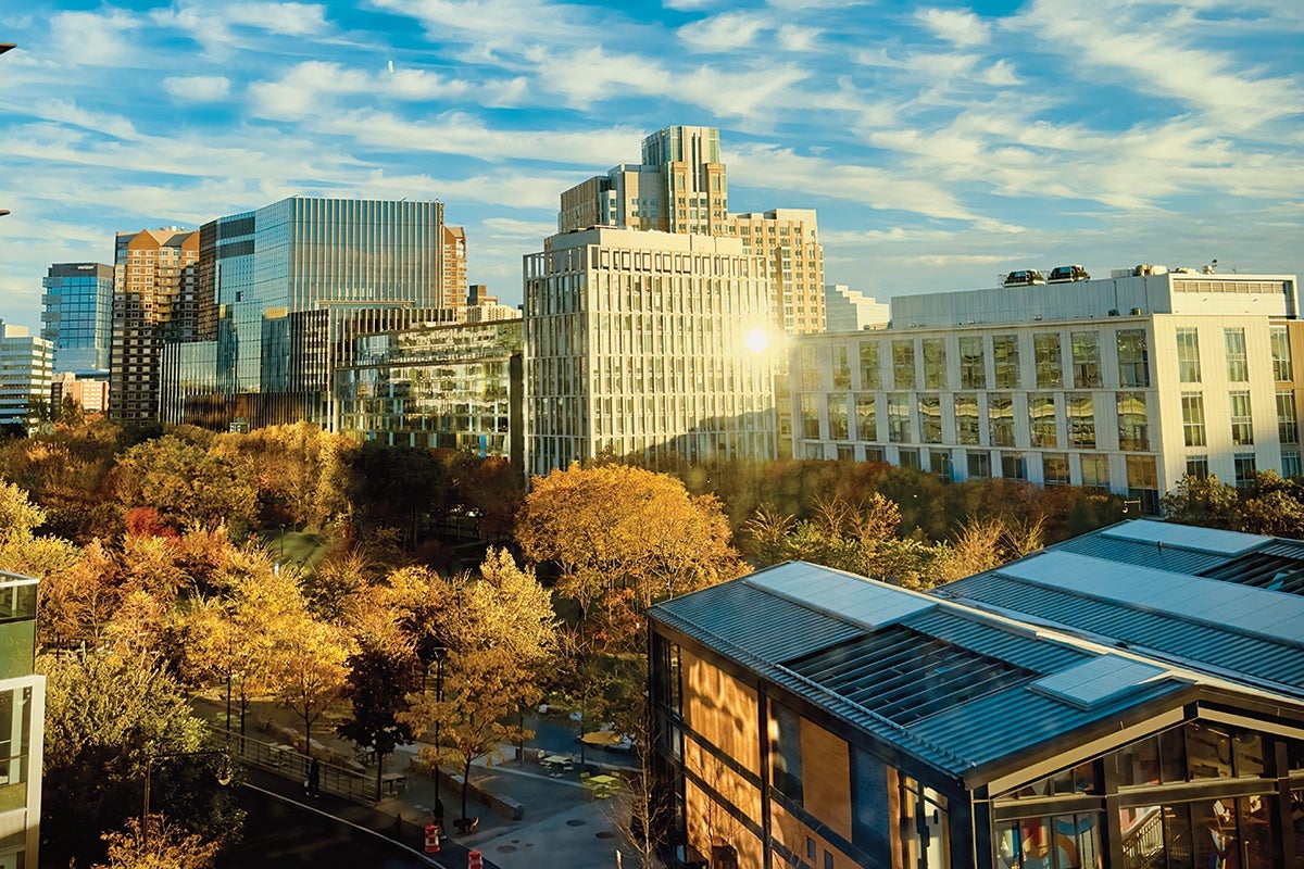 A cityscape featuring modern office buildings and residential towers under a partly cloudy blue sky. In the foreground, there is a park with trees displaying autumn foliage in shades of yellow, orange, and red. The sunlight reflects off the glass windows of the buildings, casting warm light and shadows.