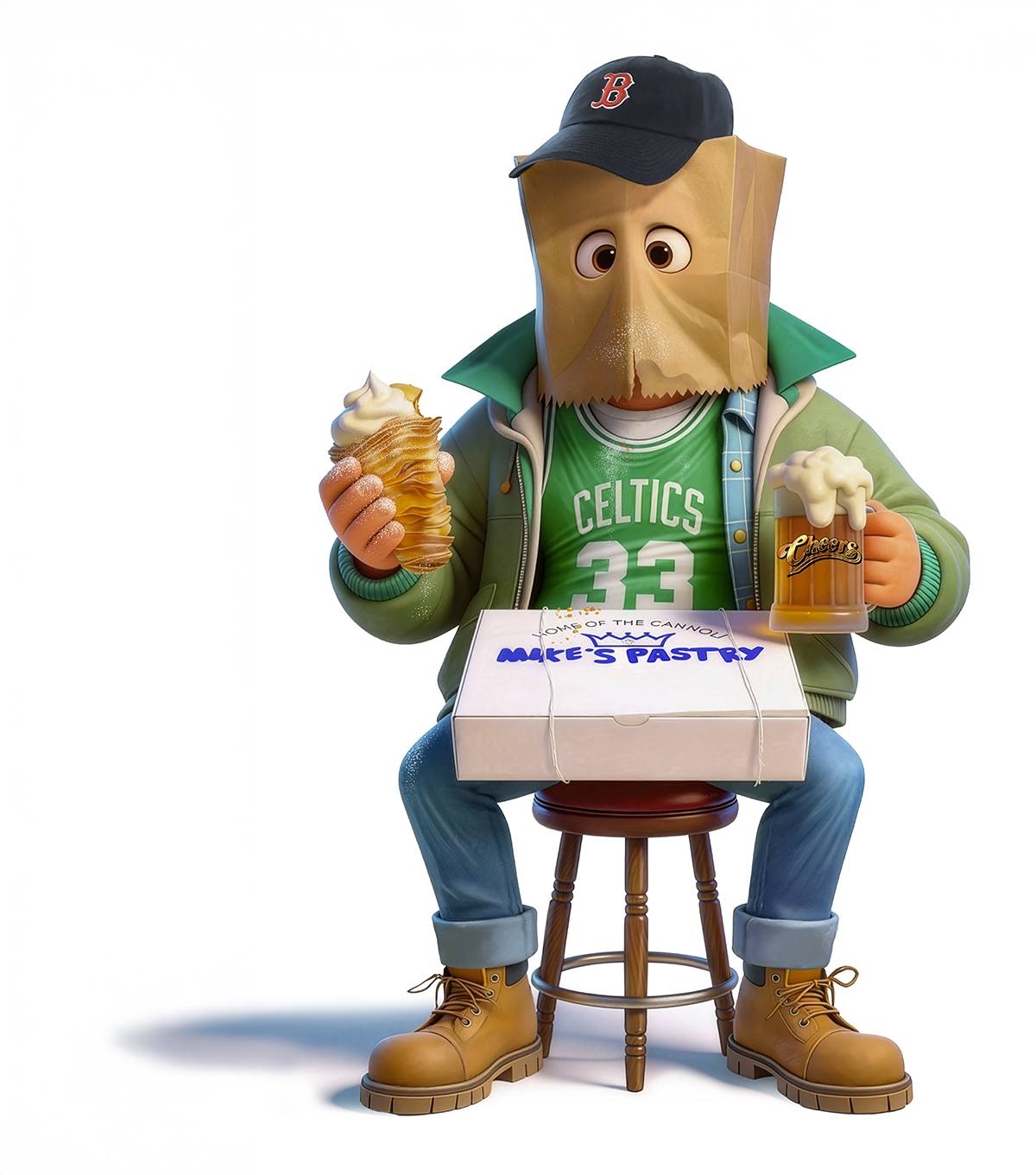 A cartoon character wearing a paper bag over their head with eye holes, a black baseball cap with a red "B," a green Celtics basketball jersey with the number 33, a green jacket, blue jeans, and brown boots. The character is sitting on a wooden stool, holding a cannoli pastry in one hand and a frothy mug of beer labeled "Cheers" in the other. A white pastry box labeled "Mike's Pastry" rests on their lap.
