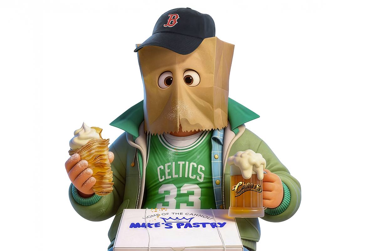 A cartoon character wearing a green Celtics jersey with the number 33, a green jacket, and a black baseball cap with a red "B" on it. The character has a paper bag over their head with eye holes cut out. They are holding a cannoli pastry in one hand and a frothy mug of beer labeled "Cheers" in the other. In front of them is a white box labeled "Home of the Cannoli Mike's Pastry.