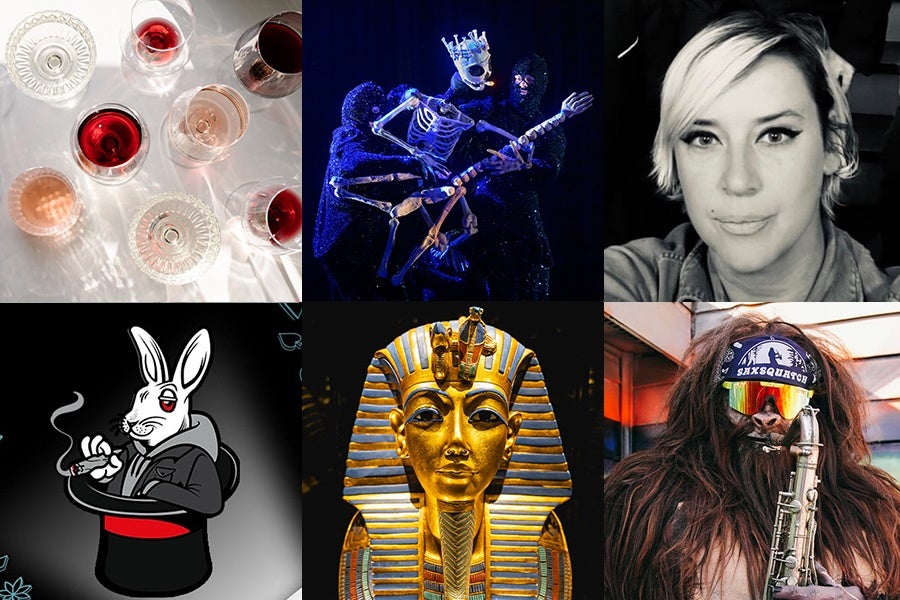 Top left: Overhead view of several glasses filled with different shades of red and rosé wine on a white surface with light reflections. Top center: A skeleton puppet wearing a crown and holding a guitar, manipulated by two performers dressed in black against a dark background. Top right: Black and white close-up portrait of a person with short, light-colored hair and winged eyeliner. Bottom left: Illustration of a white rabbit wearing a black hoodie and red waistband, smoking a cigarette, emerging from a magician's hat. Bottom center: Golden mask of an ancient Egyptian pharaoh with blue and gold striped headdress. Bottom right: Person with long hair and beard wearing reflective ski goggles and a headband, holding a saxophone.