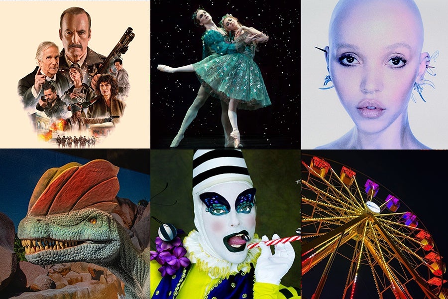A collage of six images: top left shows a group of serious-looking people with one man holding a shotgun, suggesting a movie poster; top center features two ballet dancers in green costumes performing a duet on stage; top right displays a close-up of a bald person with large eyes and multiple earrings; bottom left depicts a detailed dinosaur model with a colorful crest; bottom center shows a person in elaborate clown makeup and costume holding a candy cane; bottom right captures a brightly lit Ferris wheel at night against a dark sky.