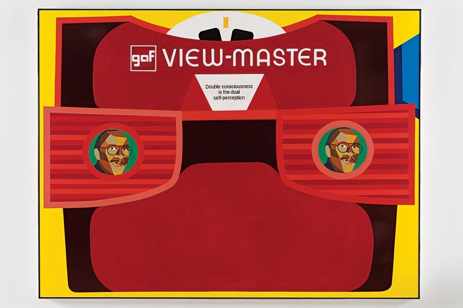 A stylized, colorful illustration of a red GAF View-Master toy against a bright yellow background. The View-Master reels are open, each showing a geometric, abstract portrait of a man with glasses and headphones. The text on the View-Master reads "Double consciousness is the dual self-perception.
