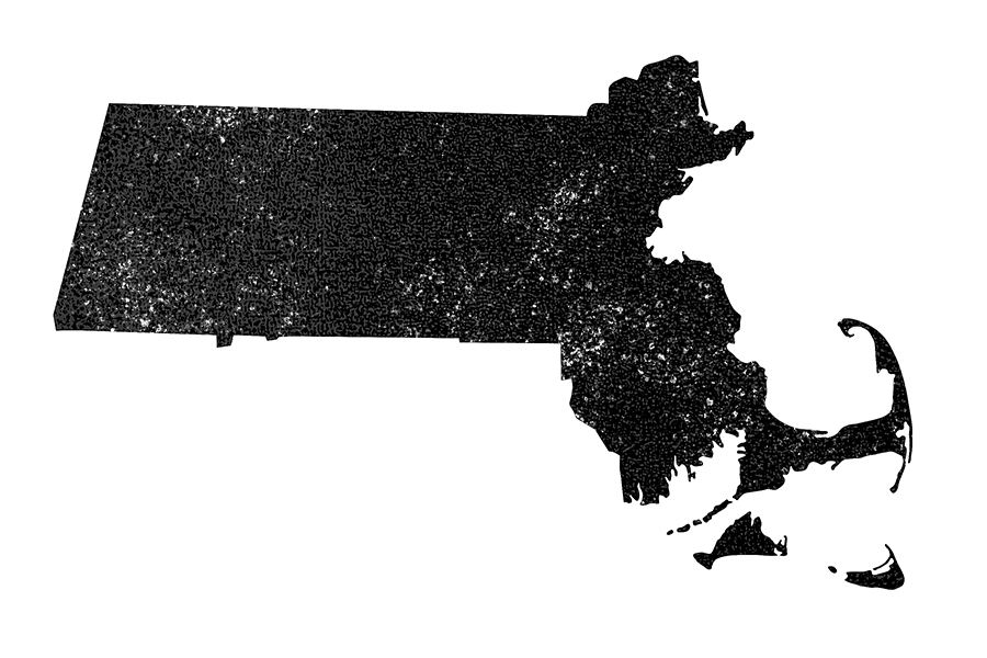 Black silhouette map of the state of Massachusetts with a textured, speckled pattern on a white background.