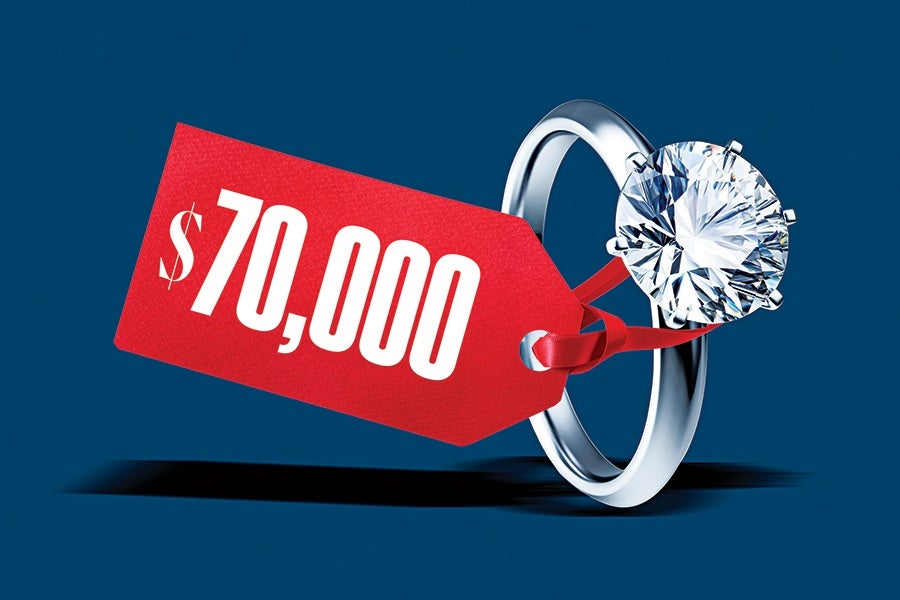 A silver ring with a large round diamond, attached to a red price tag displaying "$70,000" in white text, set against a dark blue background.