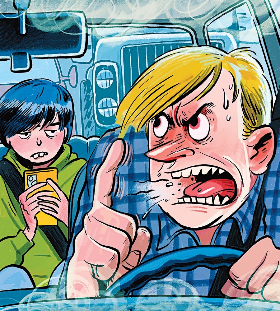 An illustration of an angry blond man driving a car, pointing his finger and shouting, with sweat on his face. In the back seat, a blue-haired person wearing a green hoodie looks unimpressed while holding a yellow smartphone. The scene suggests tension or conflict inside the vehicle.