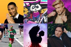 A collage of six images: Top left shows a man with short hair and a black sweater smiling with hands clasped against an orange background. Top center features an illustrated anthropomorphic raccoon wearing a monocle, red scarf, and armor with swords and gadgets. Top right depicts a man with blond hair and a beard adjusting the collar of his black leather jacket against a purple, wavy background. Bottom left captures a runner dressed in a green and red elf costume with sunglasses, running in a race with other runners. Bottom center shows a silhouette of a beast and a woman facing each other closely, with a purple and pink gradient background and red petals falling. Bottom right presents a woman with dark hair, wearing a dark coat and striped shirt, posing with one hand behind her head in front of green foliage.