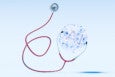 A red stethoscope with its chest piece and earpieces positioned around a cluster of translucent spheres, inside which the glowing letters "AI" are prominently displayed, set against a light blue background.