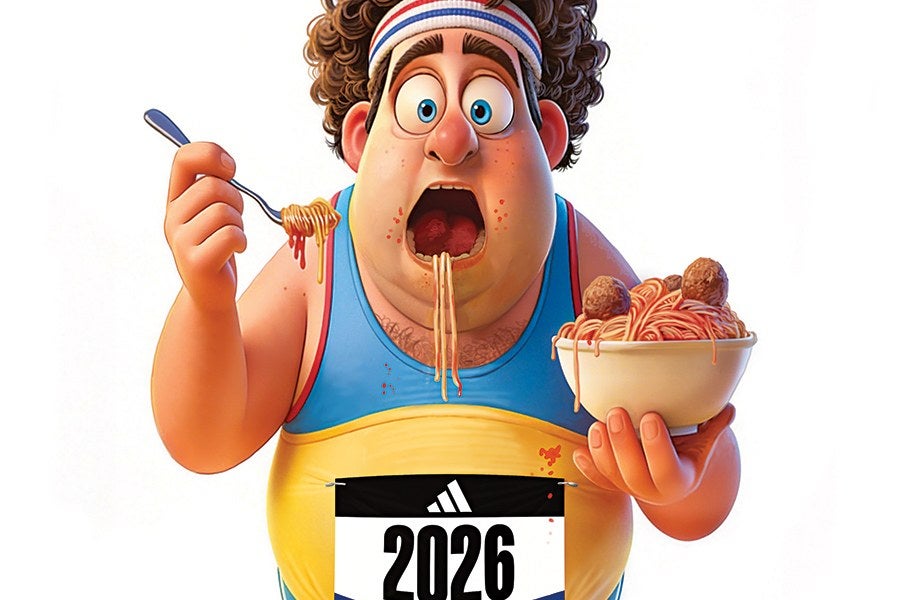 A cartoon character with curly hair and a headband is eating spaghetti with meatballs. The character is wearing a blue and yellow athletic outfit with a race bib labeled "2026." Spaghetti noodles and sauce are hanging from the character's mouth and fork, and some sauce is splattered on the outfit.