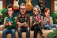 Four animated characters sit on a beige couch in a room with dark patterned wallpaper and three electric guitars hanging on the wall behind them. From left to right: a young man with brown hair wearing a green Boston hoodie and blue jeans, looking at his phone; a middle-aged man with gray hair, glasses, and a mustache, wearing a black leather jacket with patches and tattoos on his arms, looking serious; a woman with long gray and pink hair, leopard print glasses, a black leather jacket with patches, and black pants, sitting with arms crossed and an annoyed expression; and a young woman with long brown hair, a gray hoodie, and blue jeans, smiling while looking at her phone. Green plants flank the couch on both sides.