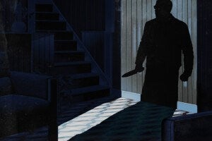 Silhouette of a person holding a large knife, standing in a dimly lit room with wooden panel walls, a staircase, and dark furniture. Light casts the shadow on the floor, creating a tense and ominous atmosphere.