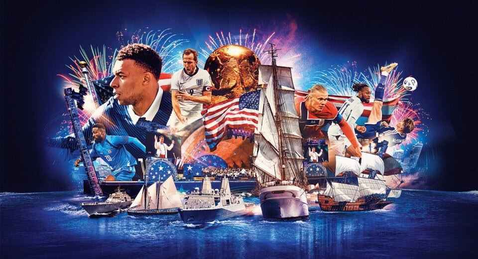 A vibrant collage featuring soccer players in action, a large golden trophy, and an American flag. In the foreground, several sailing ships and naval vessels are depicted on blue water. Fireworks explode behind the scene, adding a celebratory atmosphere.