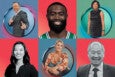 A collage of six portraits arranged in two rows and three columns. Top row: a man in a dark suit smiling and pointing forward against a blue background with a circular frame; a man with a full beard wearing a green basketball jersey against a red background; a woman in a black sleeveless dress standing against a teal background with a circular frame. Bottom row: a woman with shoulder-length dark hair smiling in a black top against a red background; a woman with blonde hair sitting cross-legged wearing a floral blouse against a blue background with a circular frame; a man in a suit and tie smiling against a red background.