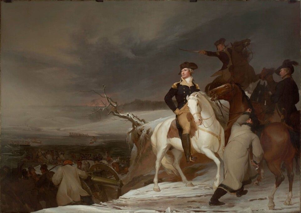 A historical painting depicting a military scene on a snowy battlefield. In the foreground, a man in a dark military uniform with gold epaulettes and a tricorn hat sits confidently on a white horse with brown patches. Surrounding him are several other soldiers, some on horseback and others standing, dressed in period military attire. One soldier on horseback is pointing forward with a sword. In the background, there are boats on a river or body of water, and a large group of soldiers gathered near the shore. The sky is overcast with dark, dramatic clouds, adding to the tense atmosphere of the scene.