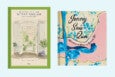 Two book covers are shown side by side. The left cover features a watercolor illustration of an open doorway leading to a garden with potted plants, framed by a green border. The title reads "The Enchanting Interiors of Bunny Mellon" with the subtitle "Paintings by Scott Jamieson." The right cover has a vintage-style design with torn paper edges, blue floral patterns, and a large blue ribbon tied in a bow. The title reads "Jenny Sais Quoi" with the subtitle "Adventures in Vintage & Personal Style" by Jenny Walton.