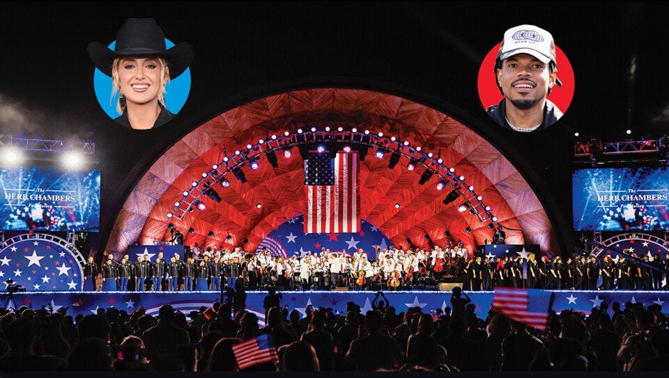 A large outdoor stage with a red, star-patterned backdrop and an American flag hanging in the center. The stage is filled with a choir and orchestra, with two large screens on either side displaying "The Herb Chambers Foundation." The audience is visible in the foreground, holding small American flags. Two circular inset images of a woman wearing a black cowboy hat and a man wearing a white cap are positioned above the stage on the left and right sides, respectively.
