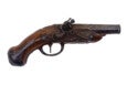 Flintlock pistol with a short, wide barrel and a wooden handle featuring a curved grip. The metal parts show signs of aging and rust, and the wooden stock has a dark, polished finish with some wear. The pistol has a traditional flintlock mechanism.