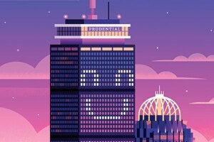 A stylized illustration of the Prudential building at dusk with a purple and pink sky. The building's windows form a large smiling face, with two eyes and a wide smile. To the right, there is a dome-shaped structure with vertical and curved lines, also lit in purple and pink hues. The background features soft clouds and small stars scattered across the sky.