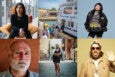 A collage of six images: top left shows a woman with black hair sitting on an orange chair indoors; top middle depicts people boarding or disembarking a Boston Harbor Islands ferry; top right features a woman with black hair wearing layered clothing and black shorts against a blue background; bottom left is a close-up portrait of an older man with a white beard and serious expression; bottom middle shows a woman standing confidently on a cobblestone street wearing a black dress and silver jacket; bottom right is a man with a beard, sunglasses, a headscarf, and a beige jacket making a playful face and hand gesture against a yellow background.