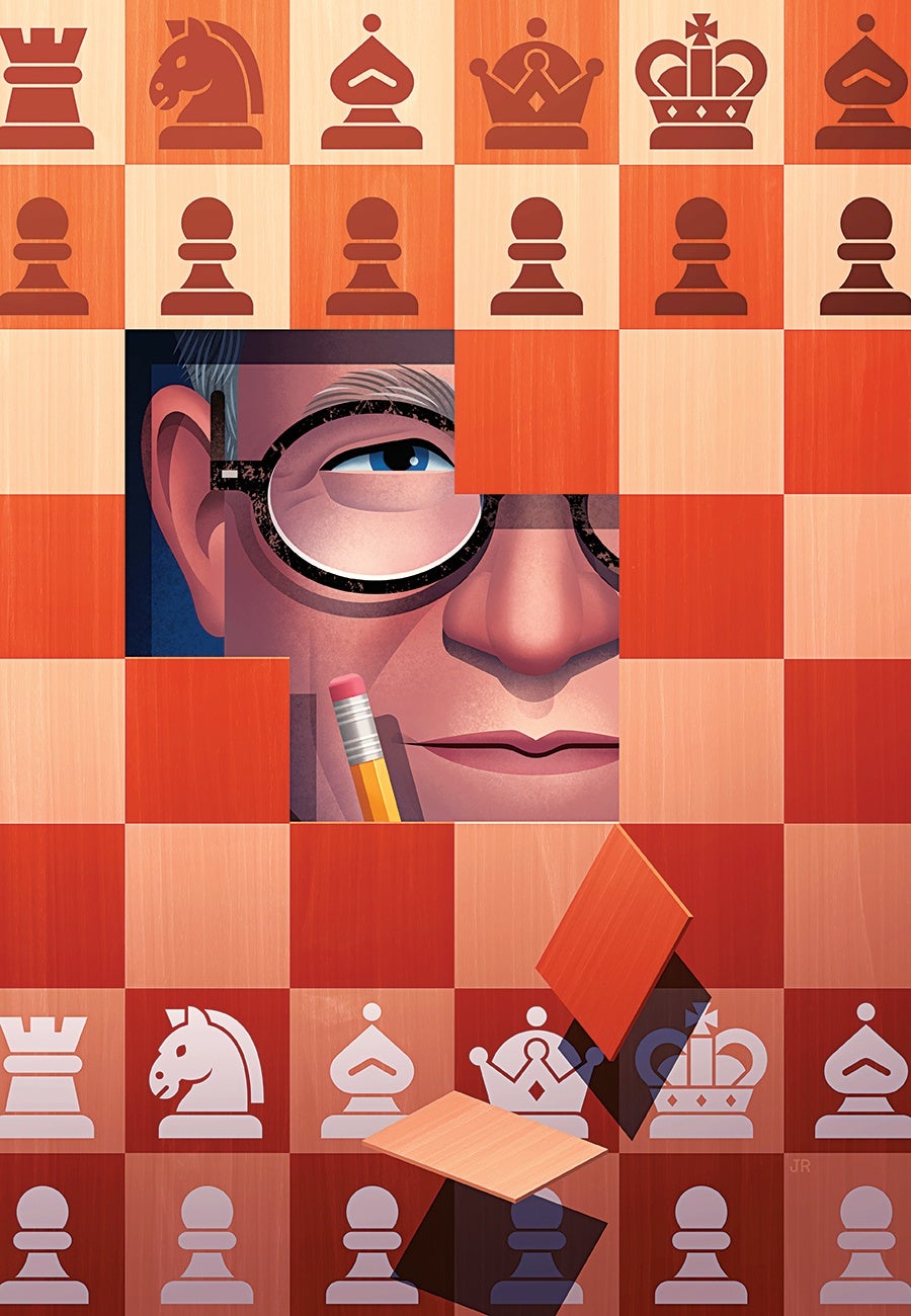 A stylized illustration of a chessboard with alternating light and dark wooden squares. The top and bottom rows display chess pieces in a flat, minimalist design, with dark pieces on top and light pieces on the bottom. The center of the board is partially transparent, revealing a close-up of a man's face wearing round glasses and holding a pencil near his mouth. Two wooden squares appear to be floating or falling off the board near the bottom right.