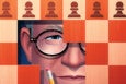 A close-up illustration of a man's face partially obscured by a chessboard pattern. The man wears round glasses and holds a pencil near his mouth. The chessboard squares are in shades of light and dark wood, with chess pawn pieces depicted along the top row.