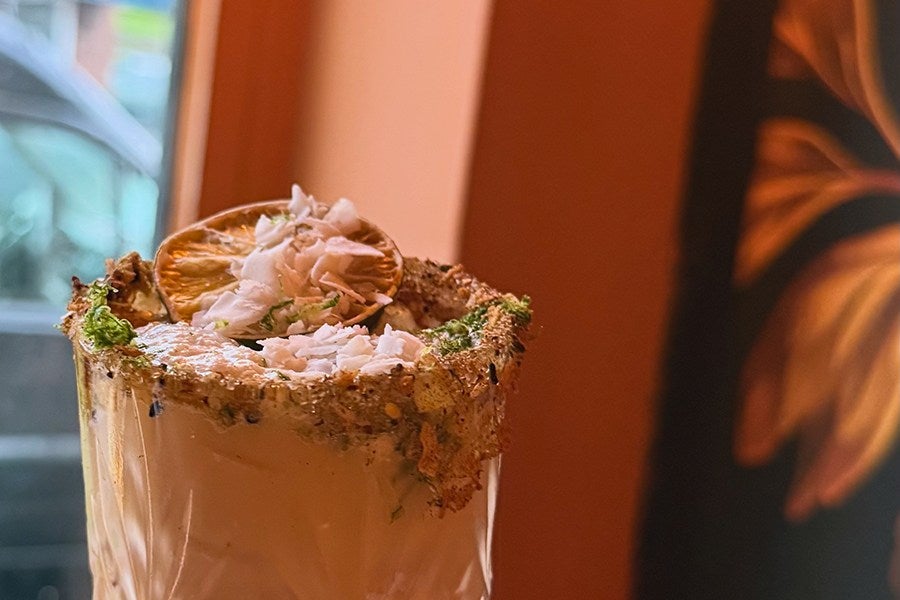A creamy beverage in a glass with a rim coated in a mixture of spices and herbs. The drink is garnished with a dried citrus slice and white flower petals on top. The background is softly blurred with warm tones.
