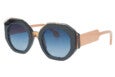 Octagonal sunglasses with thick black frames around blue gradient lenses and beige arms.