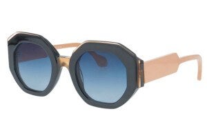 Octagonal sunglasses with thick black frames around blue gradient lenses and beige arms.