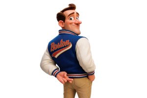 A cartoon man with brown hair styled in a wave is wearing a blue and white varsity jacket with "Boston" written on the back in red and beige letters. He is looking over his shoulder with a confident smile, his right hand behind his back with fingers crossed, and his left hand in the pocket of his tan pants.