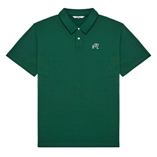 Dark green short-sleeve polo shirt with a collar and two white buttons on the placket. It features a small white embroidered design on the left chest.