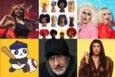 Top left: A woman with light brown hair wearing a black sleeveless top, holding a microphone and performing on stage with red lighting in the background. Top center: Artistic illustrations of diverse female busts with various hairstyles and skin tones, arranged in three rows on a white background. Top right: Two drag queens with dramatic makeup and blonde wigs, dressed in pink and red outfits, holding microphones against a blue sparkly background. Bottom left: A cartoon panda wearing a blue baseball cap with a red flower, holding a baseball bat and standing next to a baseball on a yellow background. Bottom center: A man with a gray beard and mustache wearing a black cap and dark clothing, looking directly at the camera against a dark background. Bottom right: A woman with long dark hair and bangs, wearing a sheer brown blouse, posing with one hand near her face against a yellow background.