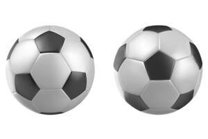 Two classic black and white soccer balls with pentagon and hexagon panels, shown side by side on a white background.