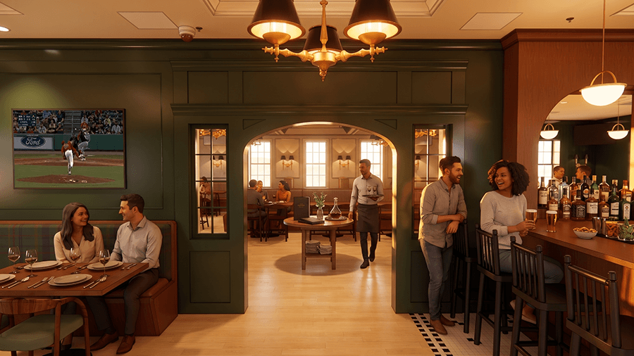A rendering of a cozy tavern-like restaurant in historical colors with warm lamp lighting.