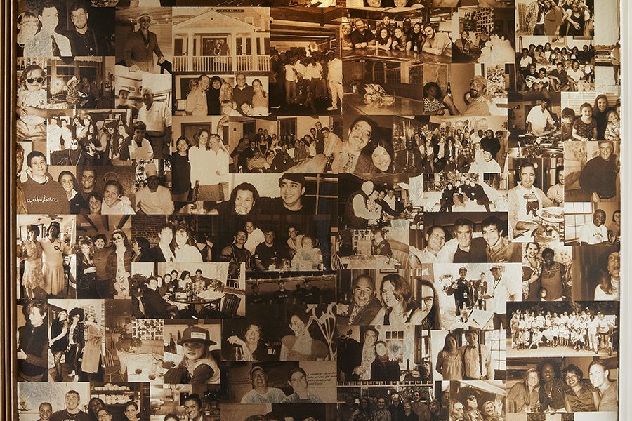 A sepia-toned collage of numerous photographs featuring groups of people in various social settings, including gatherings, celebrations, and casual moments. The images show diverse individuals smiling, posing, and interacting, with some photos capturing indoor scenes and others outdoor environments. The overall mood is warm and nostalgic.