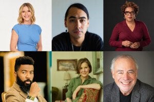 Six diverse adults in individual portraits arranged in two rows of three. Top row: a smiling blonde woman in a light blue dress, a serious man with long dark hair wearing a black shirt, and a woman with curly hair, glasses, and a burgundy top. Bottom row: a bearded man with a high-top fade hairstyle wearing a brown jacket, a woman with short light brown hair in a green shirt sitting on a patterned chair, and an older man with gray hair and a beard smiling in a gray blazer.