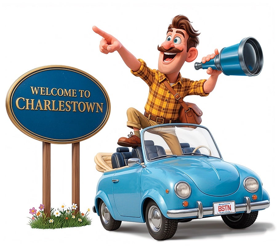 A cheerful cartoon man with a mustache, wearing a yellow plaid shirt and brown shoes, stands with one foot on the seat of a small blue convertible car. He holds a blue telescope in one hand and points excitedly with the other. Next to him is a blue oval sign with gold trim that reads "WELCOME TO CHARLESTOWN." The car has a Massachusetts license plate with the text "BSTN.