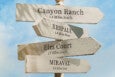 Wooden directional signposts with black text pointing to Canyon Ranch (1.4 miles south), Kripalu (1.4 miles west), Elm Court (1.1 miles south), and Miraval (1.9 miles east) against a blue sky background.