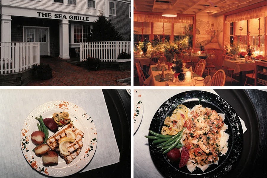The collage features four images: the top left shows the exterior entrance of "The Sea Grille" restaurant with white railings and a brick pathway; the top right depicts a warmly lit dining room with wooden chairs, tables set with candles, and plants; the bottom left displays a plated meal of grilled fish with lemon, green beans, potatoes, and a beet slice on a white plate; the bottom right presents a dish of pasta with a creamy sauce, green beans, and a beet slice on a black plate.