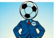 A cartoon figure wearing a blue suit with a red tie and a badge labeled "FIFA" has a soccer ball as its head, standing confidently with hands on hips against a light blue gradient background.