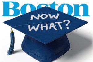 A blue graduation cap with a tassel, featuring the words "NOW WHAT?" written in white on the top, set against a white background with the word "Boston" partially visible in large blue letters behind it.