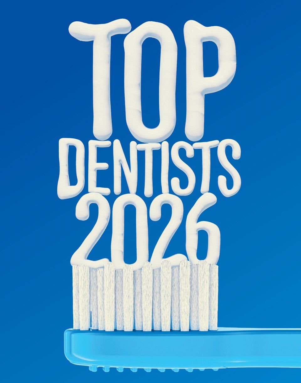 A blue toothbrush with white bristles, above which the words 